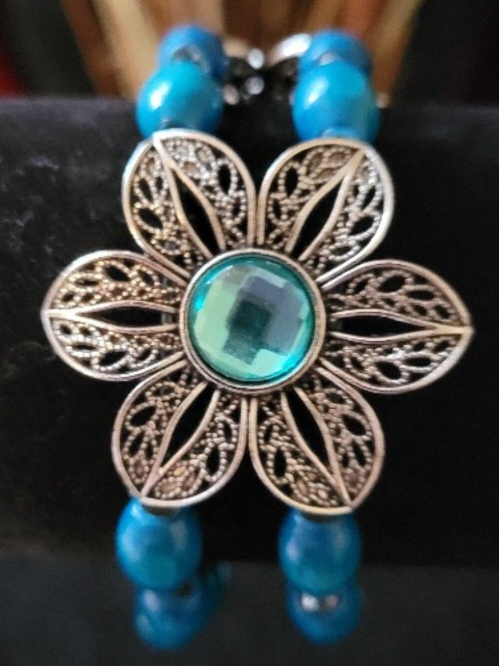 Ornate Silver Flowers with Turquoise and Clear Rhinestones Wrist Wraps